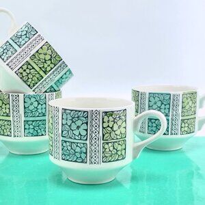Vintage 60s Broadhurst England mugs, cream teal green, Corinth pattern, set of 4